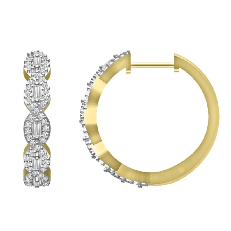 Women’s round stud earrings-LADIES HOOP EARRINGS 0.50CT ROUND/BAGUETTE DIAMOND 10K YELLOW GOLD