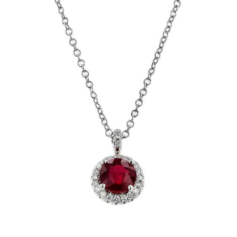 Women’s personalized necklaces-Ruby and Diamond Halo Pendant