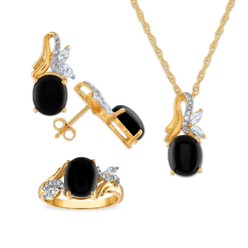 Women’s large statement earrings-Onyx and White Sapphire Ring Pendant Earrings Set in Gold Plated Sterling Silver