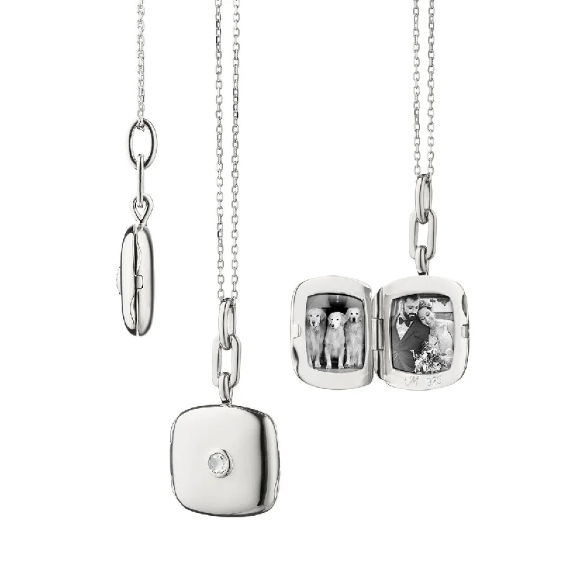 Women’s large pendant necklaces-0.06Ct White Sapphire Cushion Slim Locket on Chain in Sterling Silver, 16-17in adj