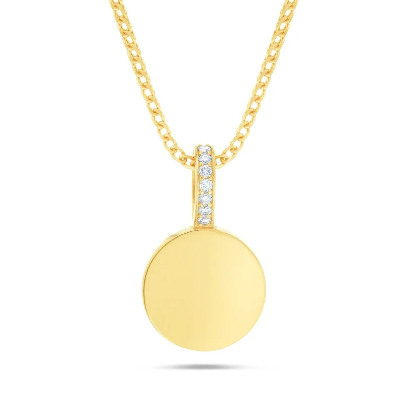 Women’s modern necklaces-14K Gold Engravable Circle Pendant with 0.07ct Diamond Bail