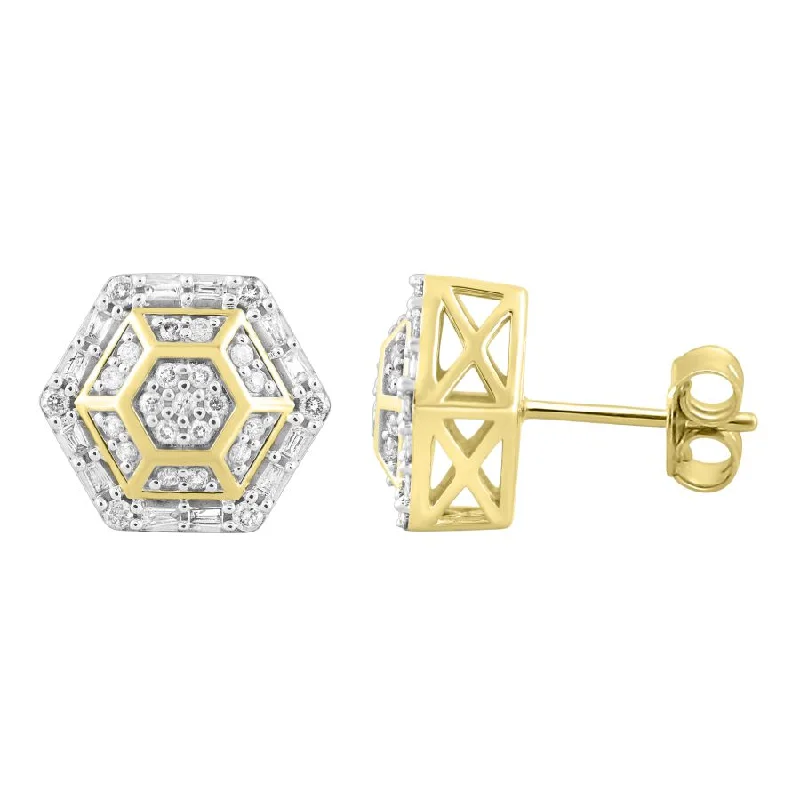 Women’s pearl earrings-LADIES STUD EARRINGS 0.50CT ROUND/BAGUETTE DIAMOND 10K YELLOW GOLD