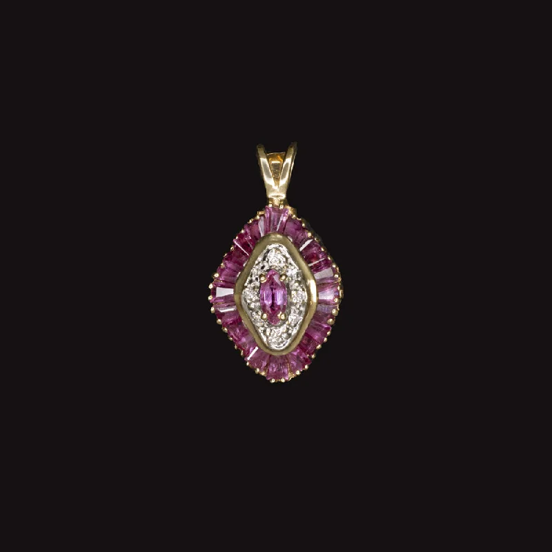 Women’s gold necklaces-RUBY DIAMOND DOUBLE HALO PENDANT NATURAL MARQUISE SHAPE NATURAL 14k YELLOW GOLD