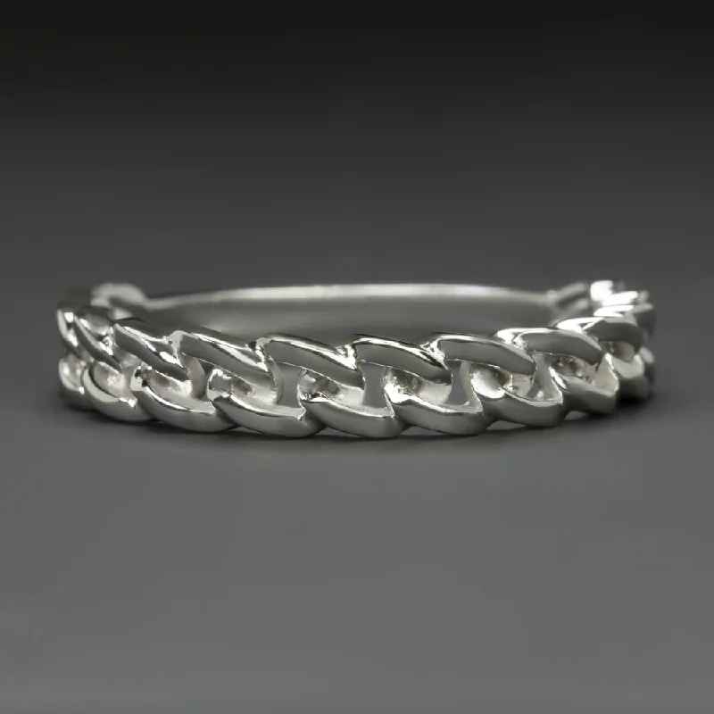 Women’s two-layered necklaces-SOLID 14K WHITE GOLD CURB CHAIN BAND STACKING RING LINKS SIMPLE PLAIN TEXTURE