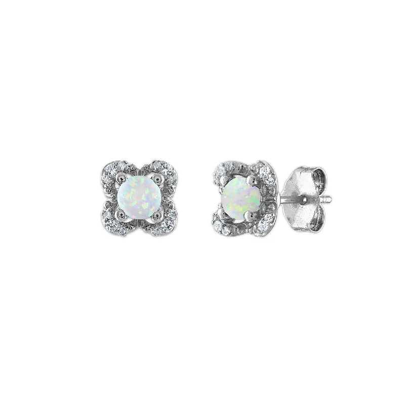 Women’s geometric earrings-4MM Round Opal and White Sapphire Birthstone Flower Halo Earrings in Sterling Silver