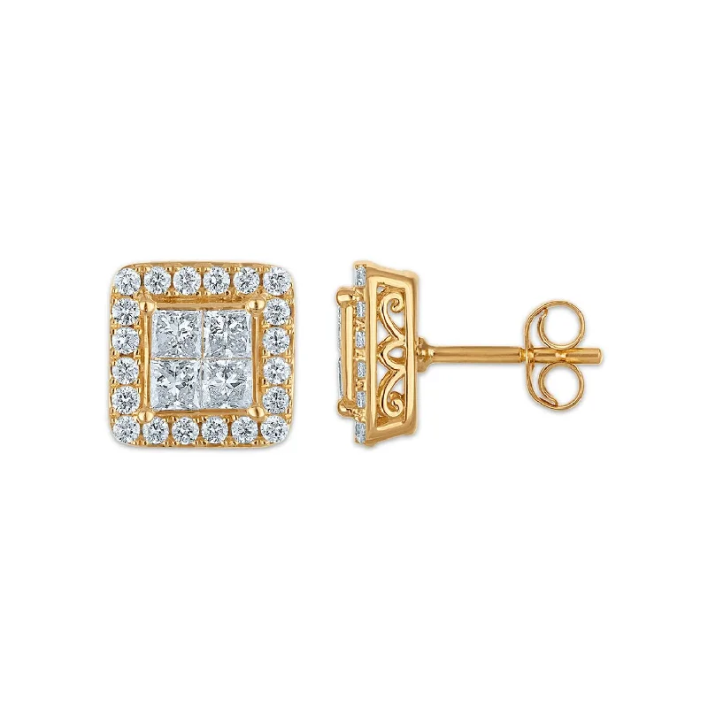 Women’s ear cuffs-Red Hot Deal 1-1/2 CTW Princess Cut Lab Grown Diamond Halo Stud Earrings in 14KT Yellow Gold