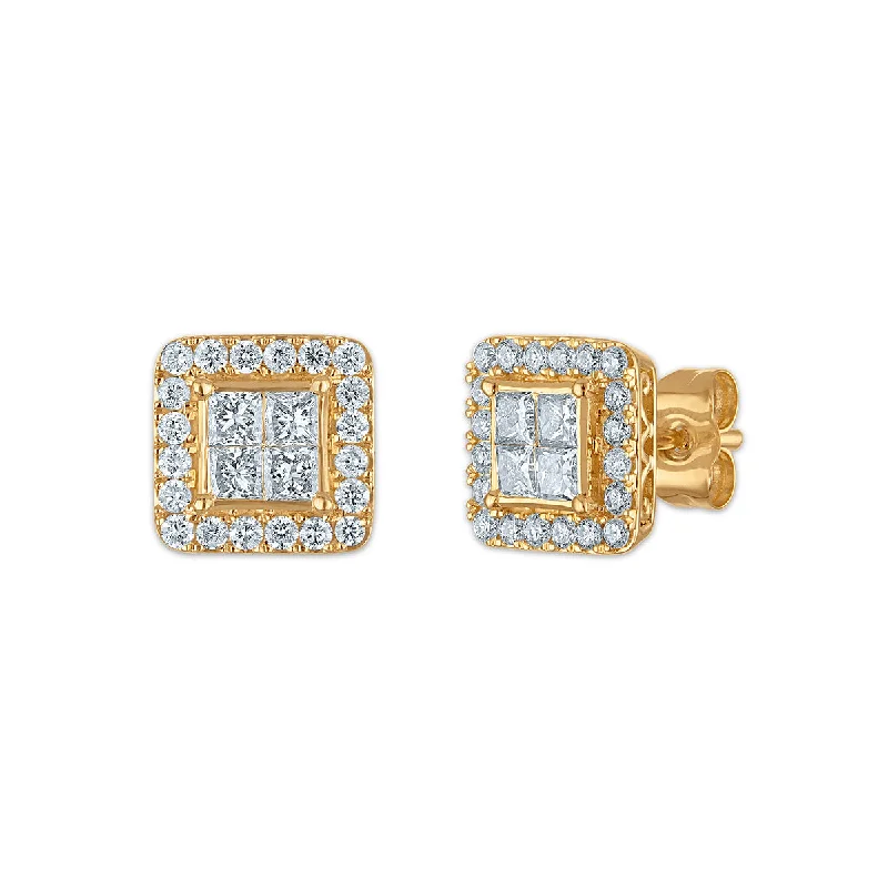 Women’s bohemian earrings-Red Hot Deal 1 CTW Princess Cut Lab Grown Diamond Halo Stud Earrings in 14KT Yellow Gold