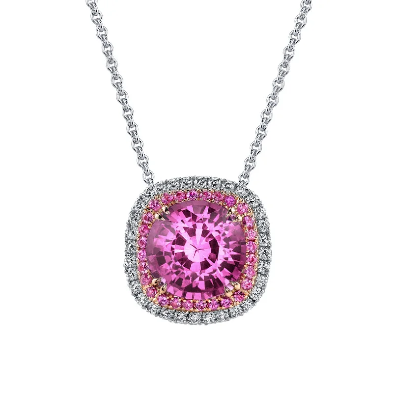 Women’s long chain necklaces-Pink Sapphire and Diamond Pendant