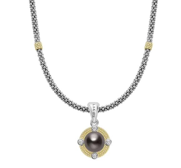 Women’s designer necklaces-0.13ct Diamond and 9mm Black Tahitian Pearl Luna Pendant in Sterling Silver and 18K Yellow Gold on 18" Chain