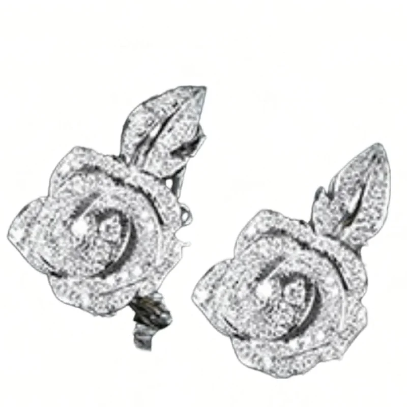 Women’s colored gemstone engagement rings-18K White Gold Large Diamond Rose Bloom Leaf Studs