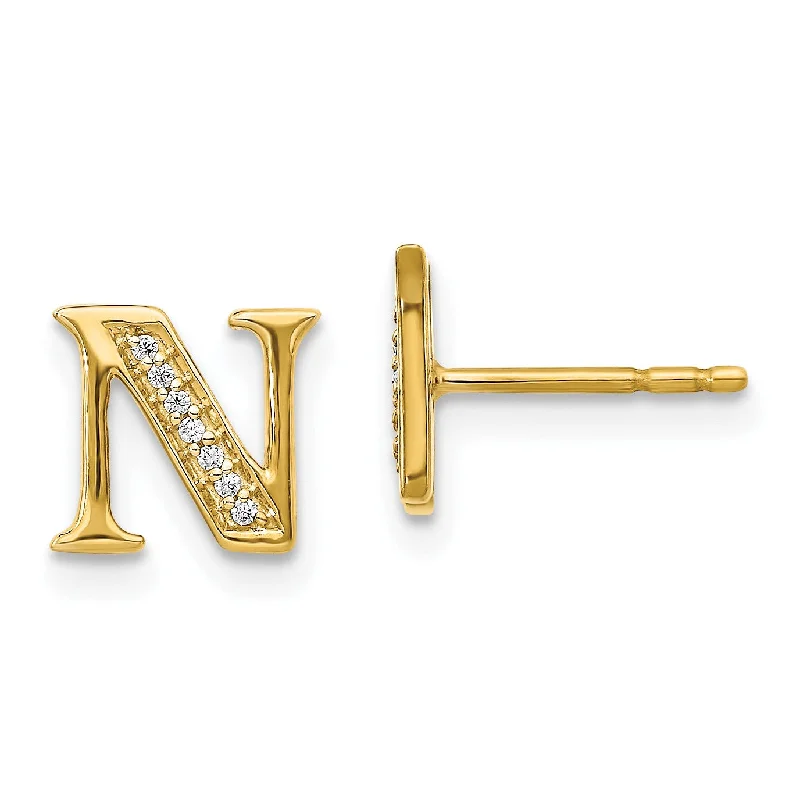 Women’s layered earrings-1/25 CTW Diamond Stud Initial Earrings in 14KT Yellow Gold; Initial N