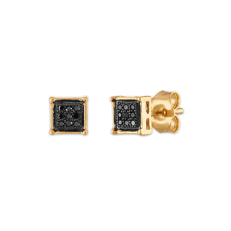 Women’s everyday earrings-1/20 CTW Diamond Cluster Stud Treated Black Earrings in 10KT Yellow Gold