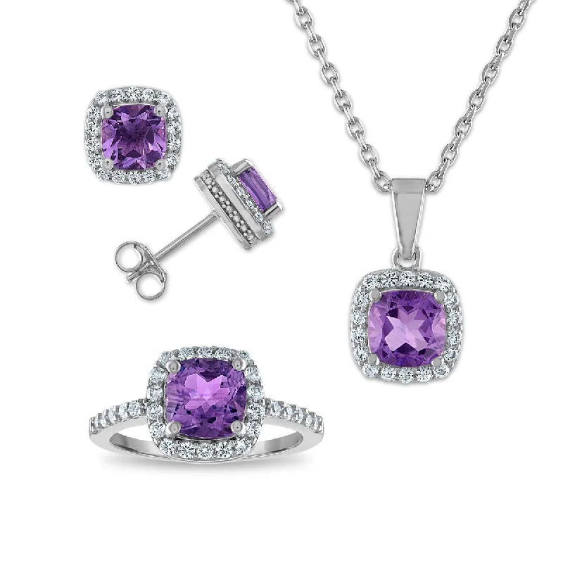 Women’s vintage earrings-Amethyst and White Sapphire Ring Pendant Earrings Set in Sterling Silver