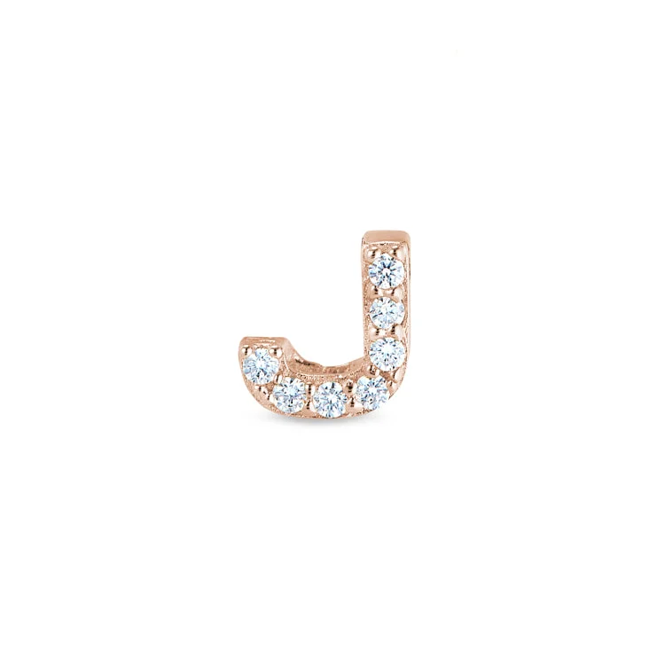 Women’s three-stone diamond engagement rings-Rose Gold Finish Sterling Silver Micropave J Initial Charm with Simulated Diamonds