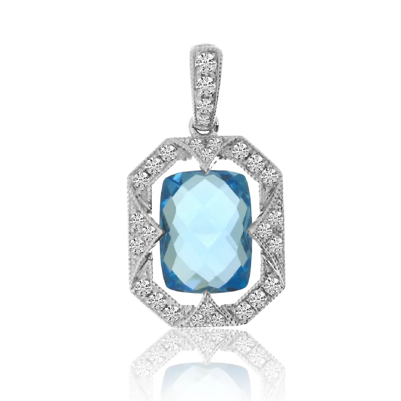 Women’s custom necklaces-ART DECO DIAMOND & BLUE TOPAZ CUSHION PENDANT P4156W