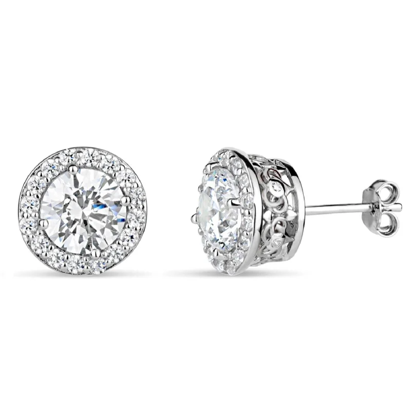 Women’s classic pearl earrings-Sterling Silver 7MM Round Cubic Zirconia Halo Stud Earrings