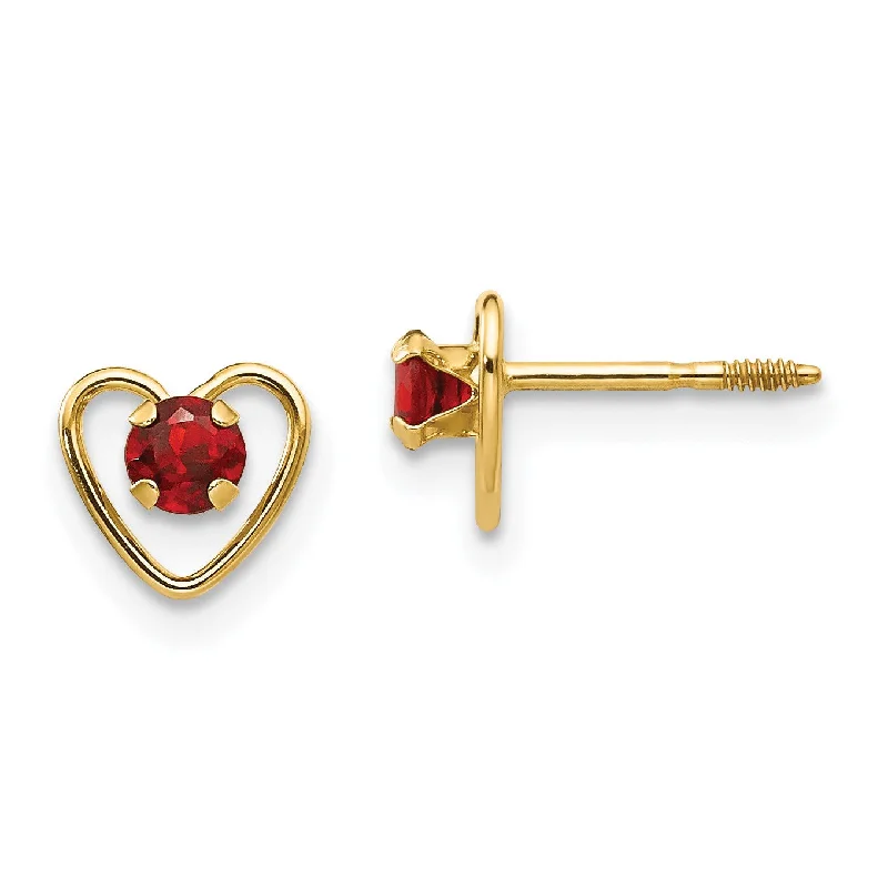 Women’s dangle earrings-14KT Yellow Gold 3MM Round Garnet 6MM Heart Childrens Birthstone Earrings