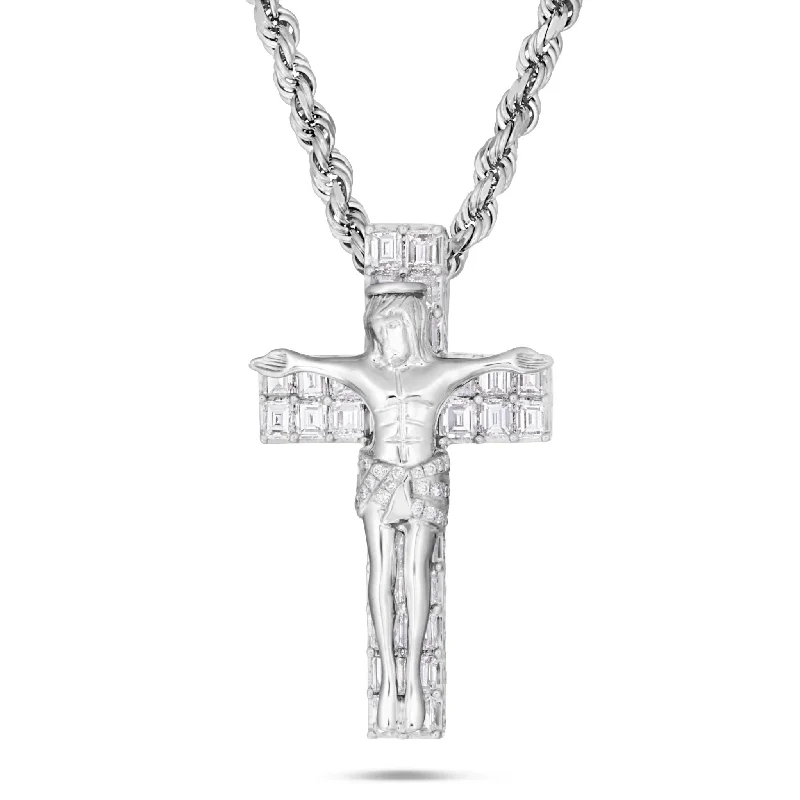 Women’s silk thread necklaces-14K White Gold 5.41ct Emerald Diamond Crucifix Pendant