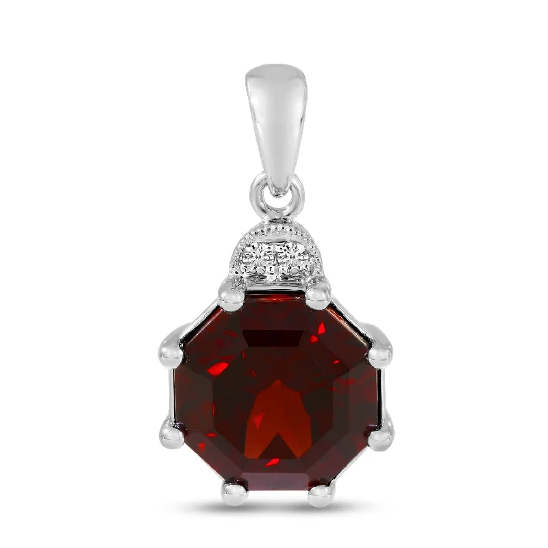 Women’s large pendant necklaces-GARNET OCTAGON & DIAMOND PENDANT P4375W-01