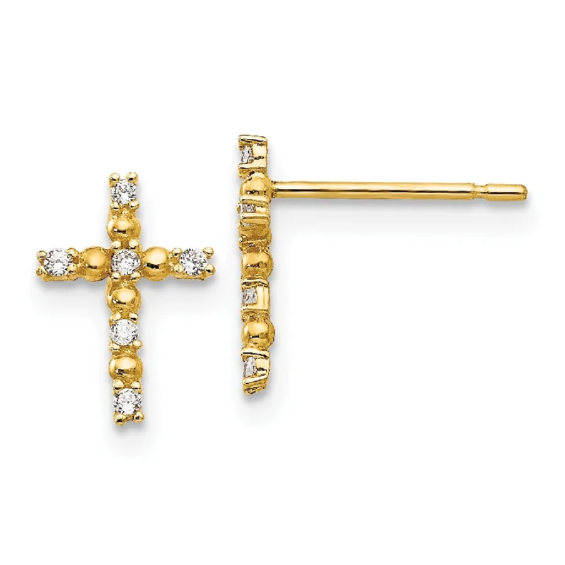 Women’s gold-plated earrings-14KT Yellow Gold Cubic Zirconia 10X7MM Childrens Cross Stud Earrings