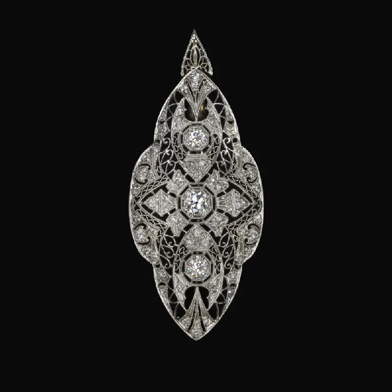 Women’s clasp necklaces-ART DECO VINTAGE DIAMOND PIN PENDANT PLATINUM FILIGREE 1.4ct OLD EUROPEAN CUT