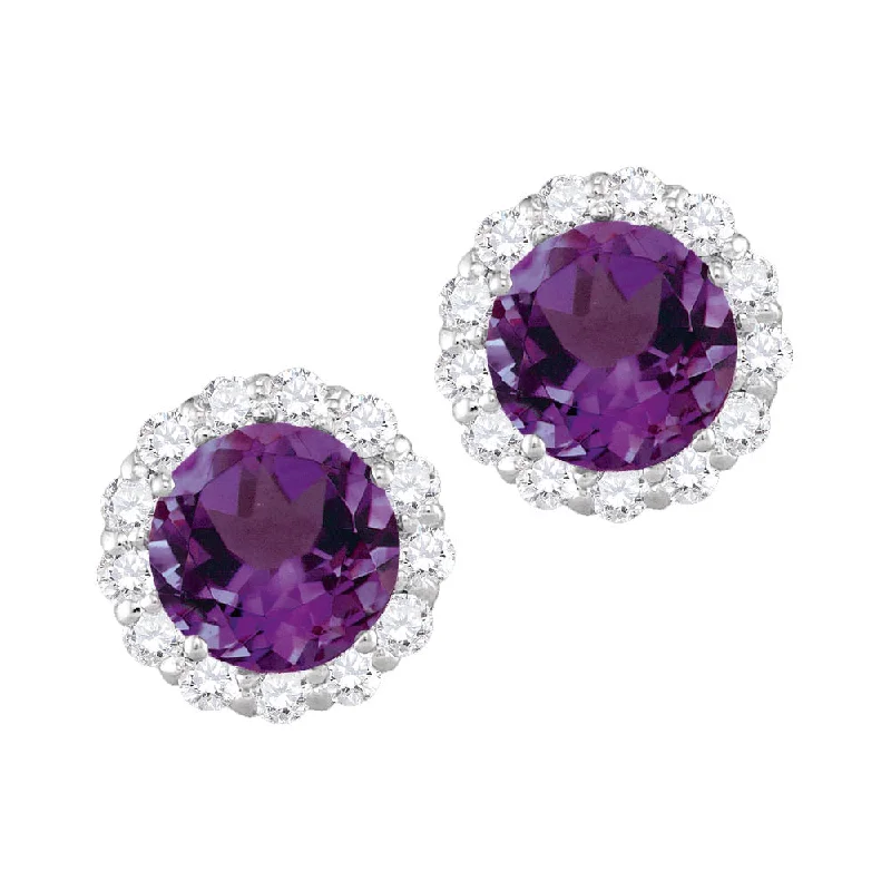 Women’s silver stud earrings-6MM Round Amethyst and White Sapphire Birthstone Halo Stud Earrings in 10KT White Gold