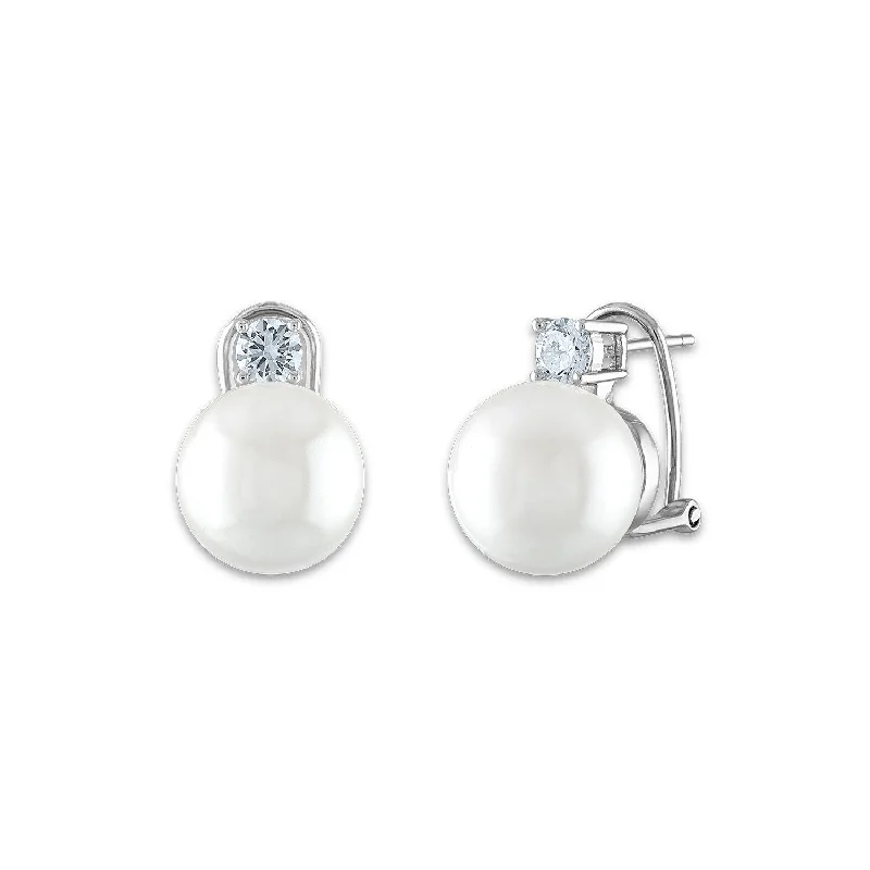 Women’s infinity earrings-12MM Round Shell Pearl and Cubic Zirconia Earrings in Sterling Silver