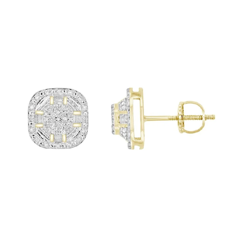 Women’s bridal earrings-LADIES EARRINGS 0.20CT ROUND/BAGUETTE DIAMOND 10K YELLOW GOLD