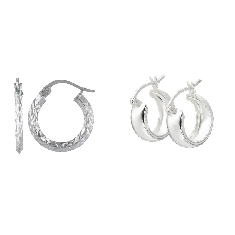 Women’s layered earrings-Sterling Silver 2X18MM and 6X12MM 2-Pair Hoop Earrings Set