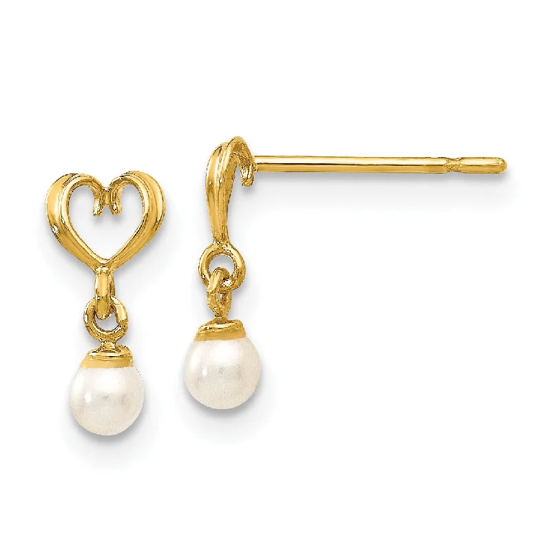 Women’s trendy earrings-14KT Yellow Gold Pearl 9X5MM Childrens Heart Drop & Dangle Earrings