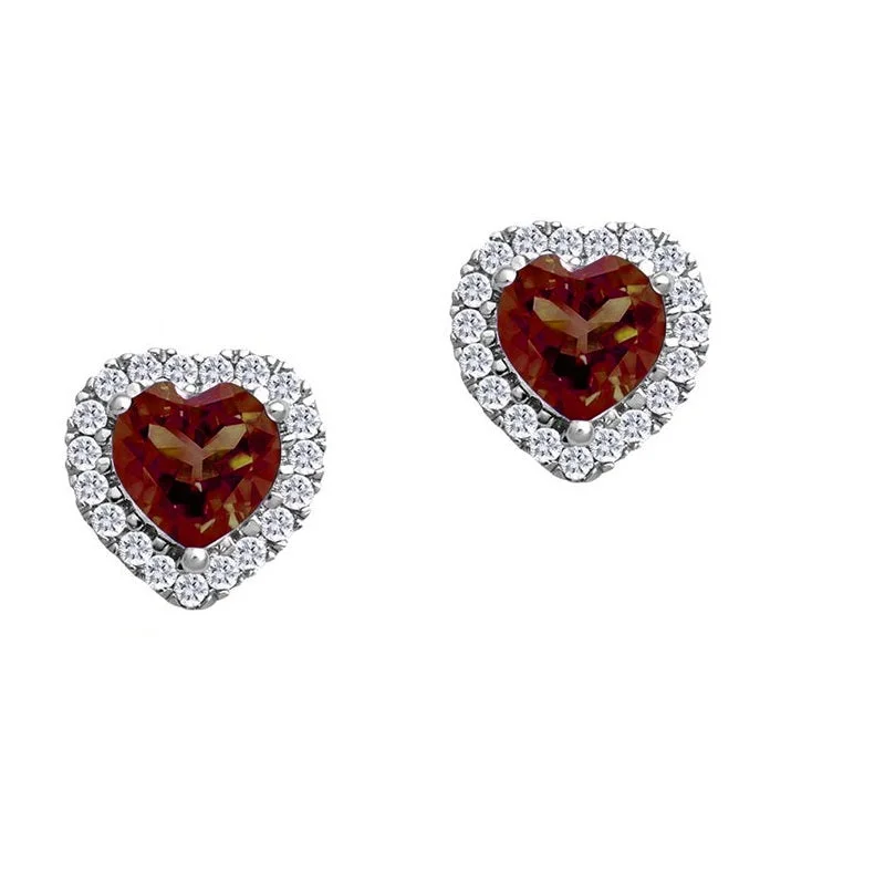 Women’s luxury pearl earrings-5MM Heart Shape Garnet and White Sapphire Birthstone Halo Stud Earrings in 10KT White Gold