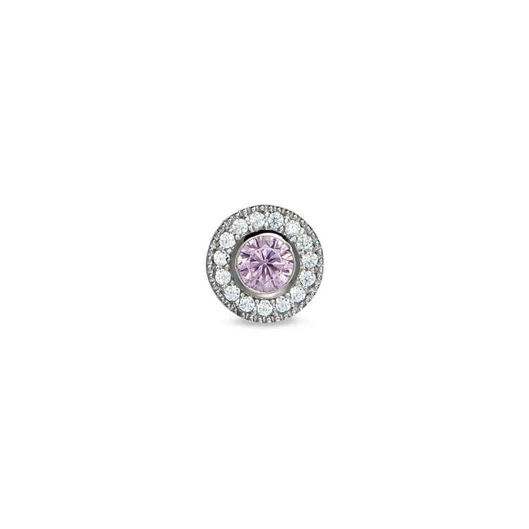 Women’s diamond engagement rings-Platinum Finish Sterling Silver Micropave Round Simulated Pink Sapphire Charm with Simulated Diamonds