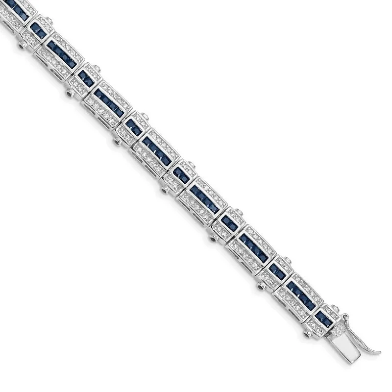 Women’s two-tone bracelet-Curata 925 Sterling Silver Polished Box Catch Closure Sapphire and CZ Cubic Zirconia Simulated Diamond Bracelet 7 Inch Box Clasp