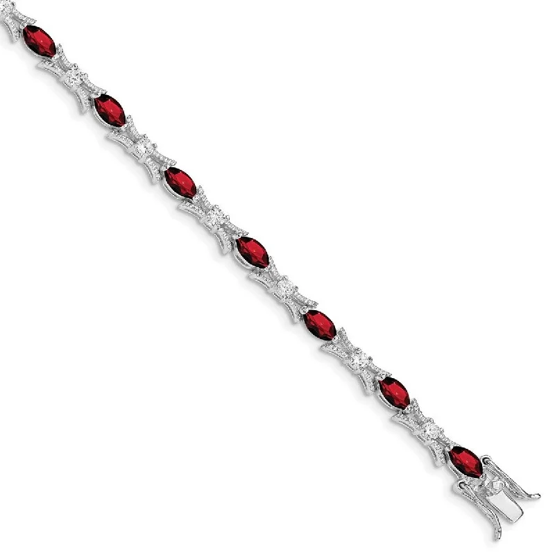 Women’s twisted bracelet-Curata 925 Sterling Silver Polished Box Catch Closure Garnet and CZ Cubic Zirconia Simulated Diamond Bracelet 7.5 Inch Box Clasp