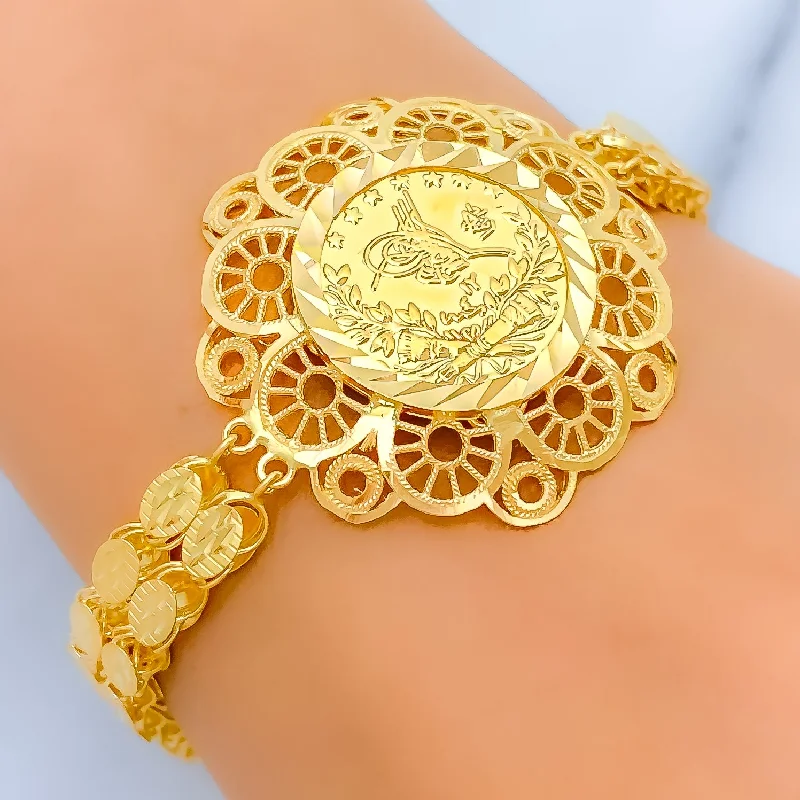 Women’s sparkling bracelet-Women’s animal print bracelets-Blooming Coin 21k Gold Bracelet