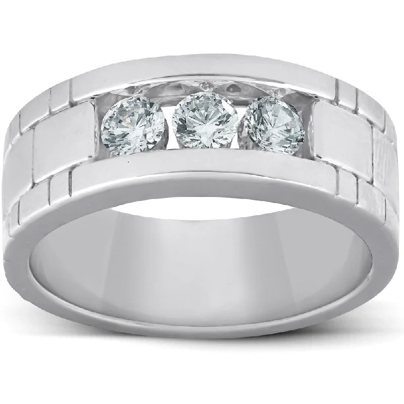 Women’s cocktail statement rings-Pompeii3 10k White Gold 1 Ct Three Stone Mens Heavy Weight Anniversary Ring