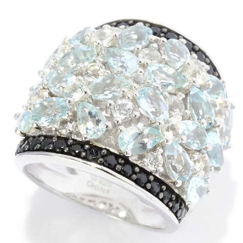 Women’s vintage-style engagement rings-Sterling Silver Exotic Aquamarine, White Topaz & Black Spinel Ring