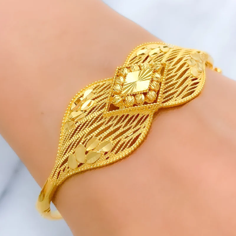 Women’s thick bracelet-Women’s leather cuff bracelets-Majestic Leaf Accented 22k Gold Bangle Bracelet