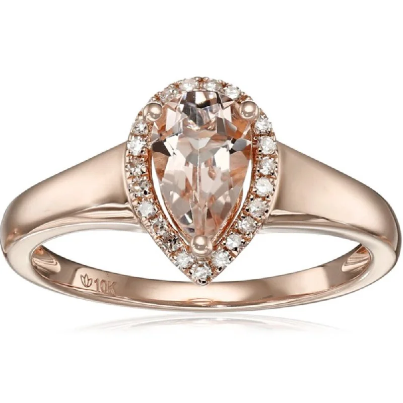 Women’s trendy rings-10k Rose Gold Morganite and Diamond Princess Diana Pear Halo Ring - Pink