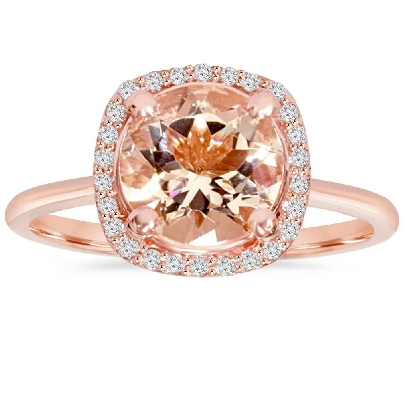 Women’s heart-shaped rings-1 3/4 CT Morganite & Diamond Cushion Halo 14K Rose Gold Ring