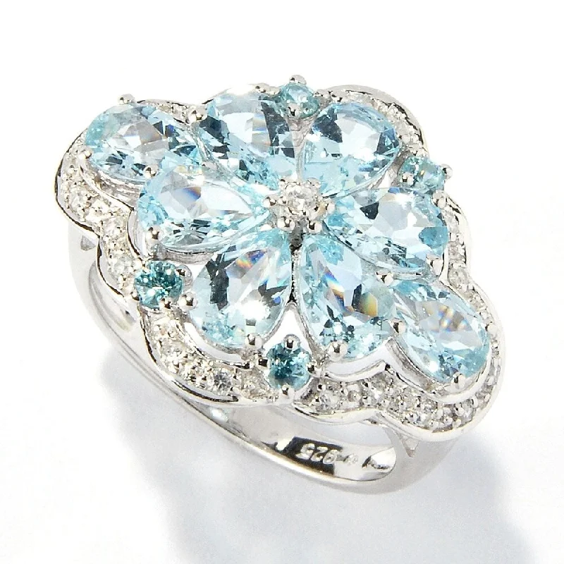 Women’s sapphire rings-Platinum O/ Silver 3.26Ctw Aquamarine,Blue & White Zircon Cluster Ring