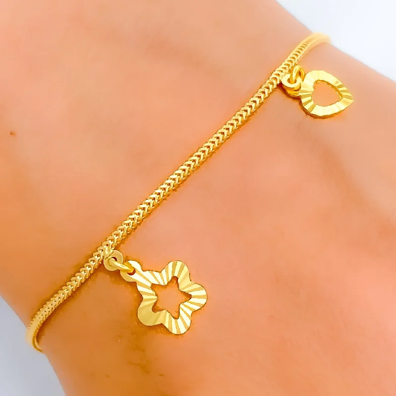 Women’s engraved leather bracelet-Hearts + Flowers Charm Bracelet