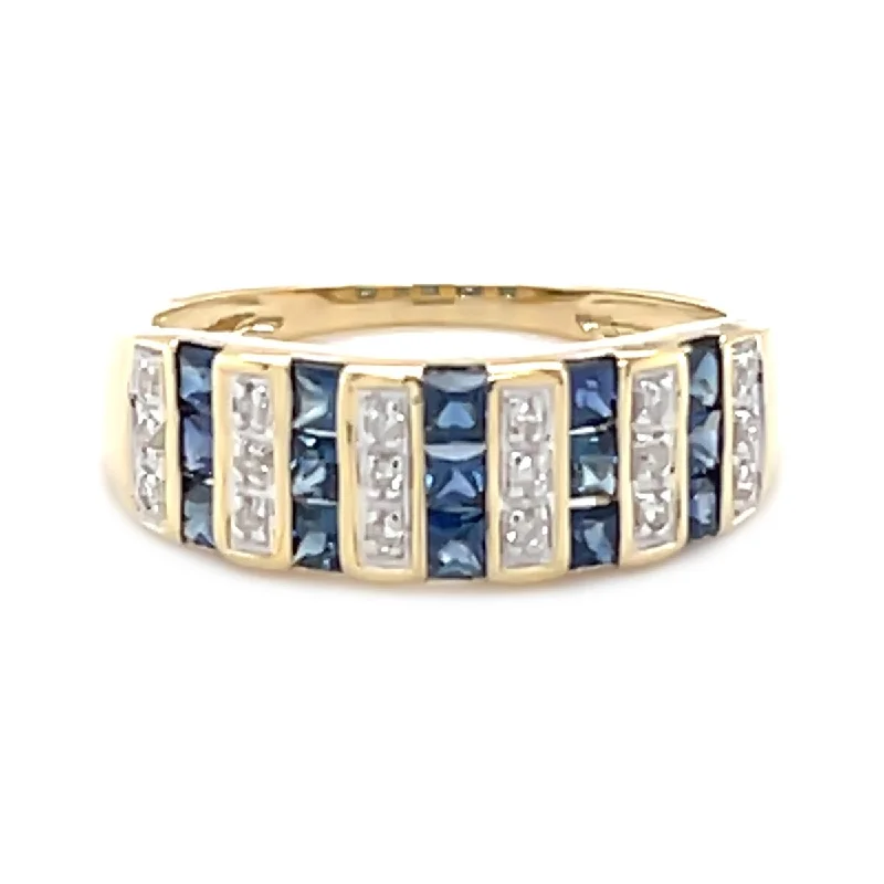 Women’s halo rings-14Kt Yellow Gold Blue Sapphire and Diamond Band Ring