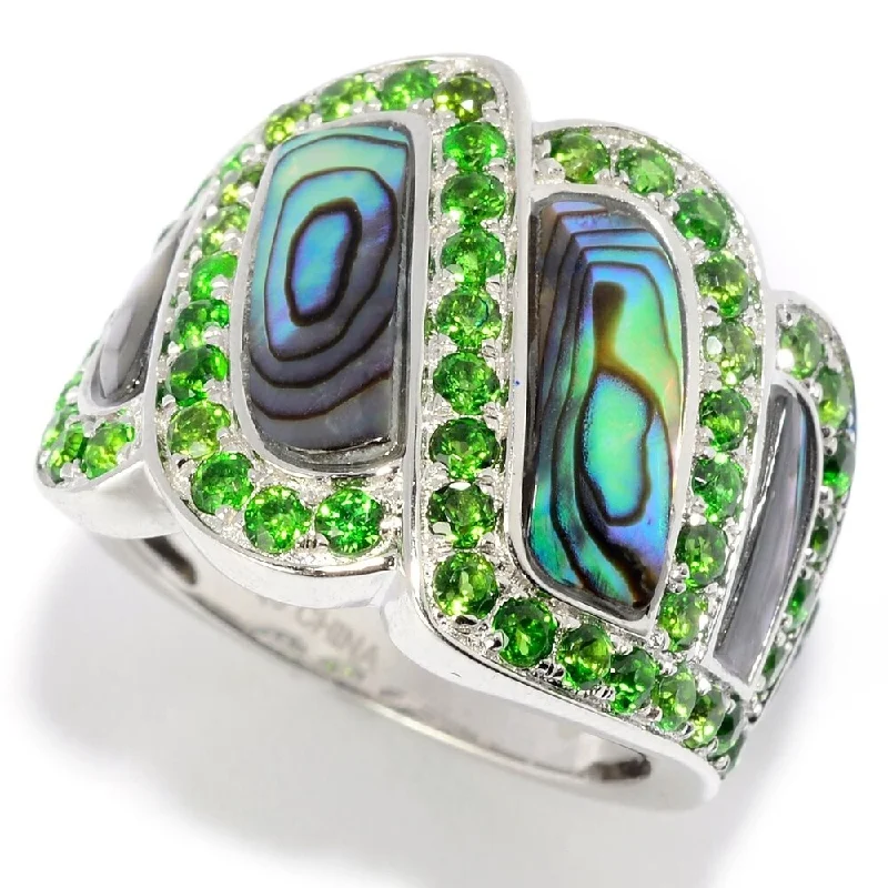 Women’s emerald rings-Sterling Silver Abalone & Chrome Diopside Wide Band Ring