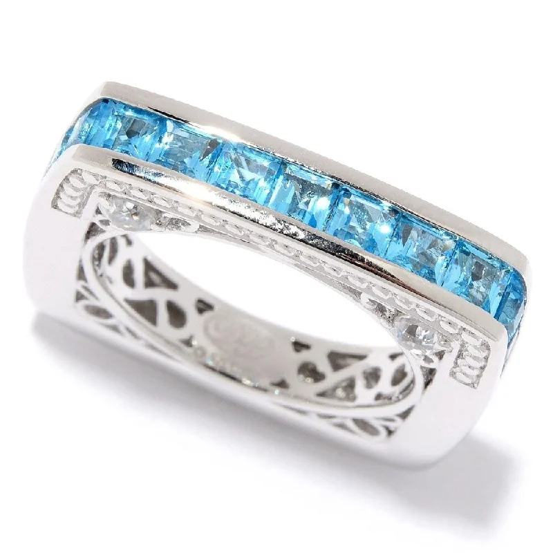 Women’s solitaire rings-Sterling Silver Swiss Blue Topaz & White Zircon Square Band Ring