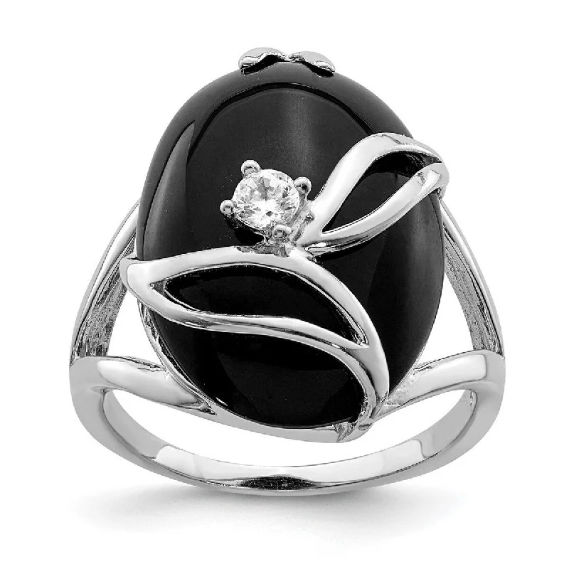 Women’s twisted bands rings-Curata 925 Sterling Silver Polished Open back Simulated Onyx and Cubic Zirconia Ring