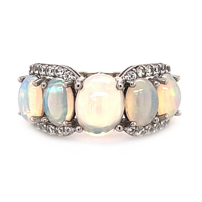 Women’s bohemian rings-925 Sterling Silver Ethiopian Opal and White Natural Zircon 5-Stone Ring