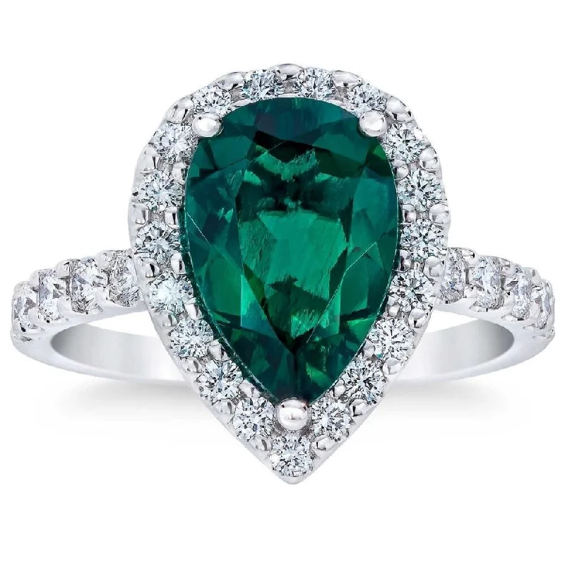 Women’s vintage engagement rings-VS 5Ct Pear Shape Emerald & Lab Grown Diamond Halo Ring in 10k White Gold