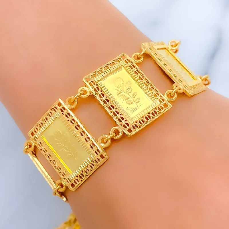 Women’s sleek bracelet-Women’s stacking bangles-Beautiful Engraved 21k Gold Bracelet w/ Hanging Charm