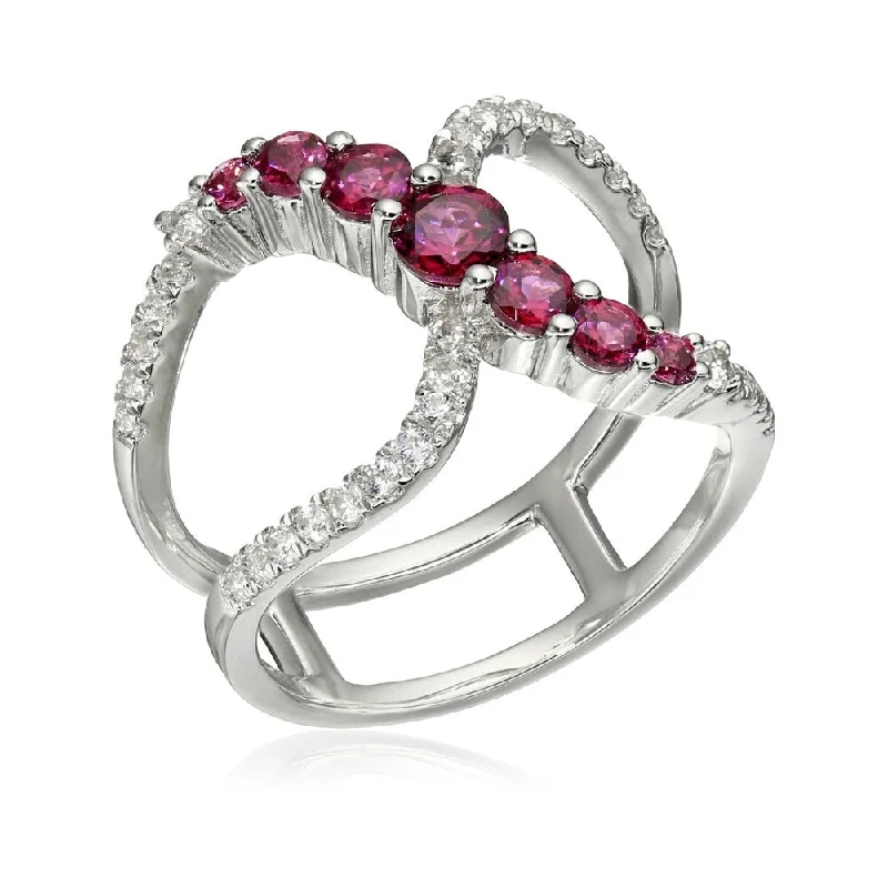 Women’s men’s wedding rings-Sterling Silver Rhodolite and Created White Sapphire Ring